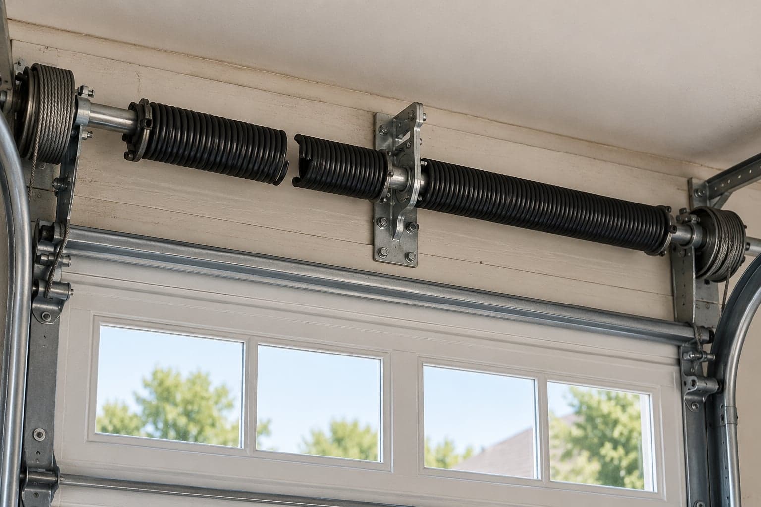 A snapped torsion spring on the shaft above a white garage door
