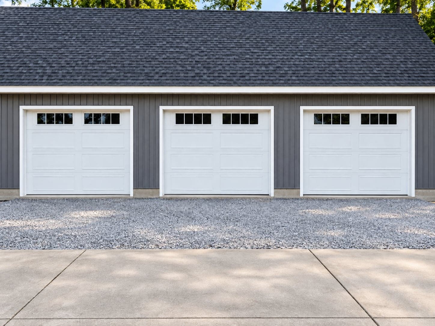 Three white garage doors with windows on a gray-sided home