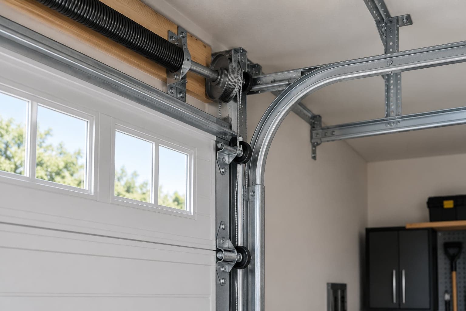 Garage door tracks, rollers, hinges and spring hardware inside a garage