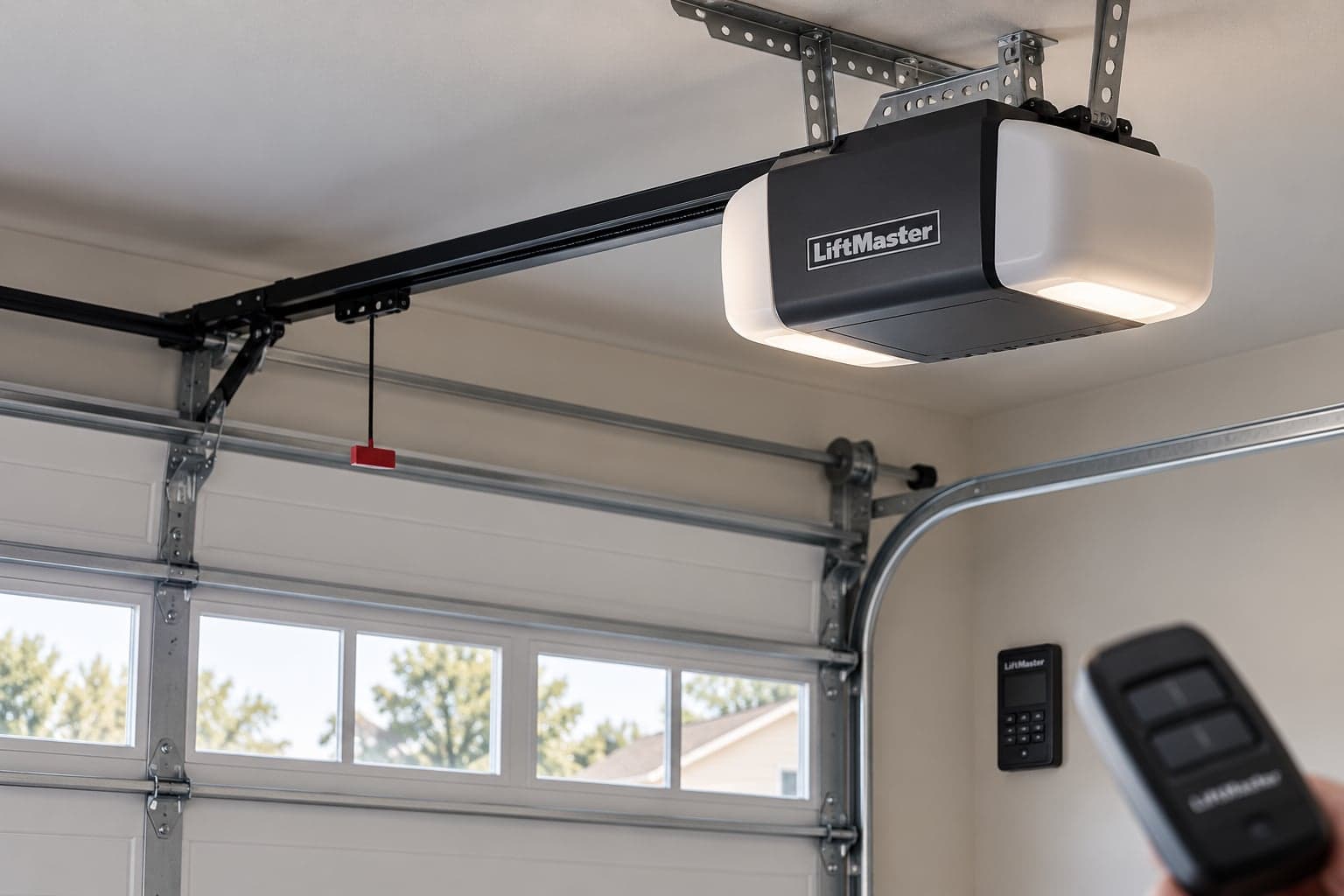 A ceiling-mounted garage door opener with a remote and wall keypad